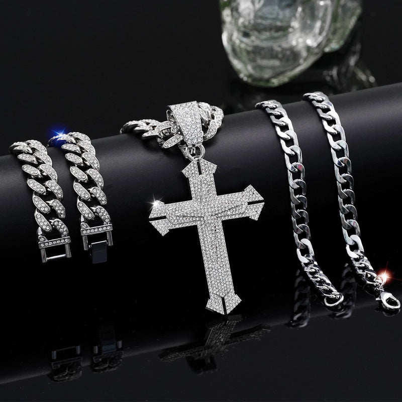 Jewelry Fashion Personalized Hip Hop Cross Pendant Necklace Men's Full Diamond Cuban Link Chain Bracelet Suit