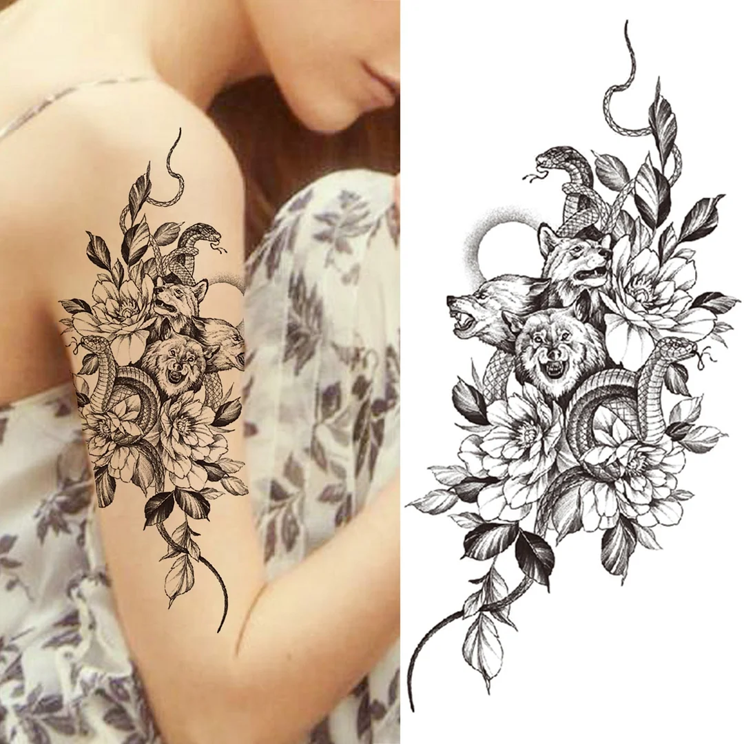 Crown Lion Cross Temporary Tattoos For Men Women Tiger Demon Rose Forest Fake Tattoos Forearm Thigh Half Sleeve Tatoos Stickers