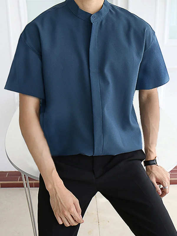 Aonga - Men's Stand-up Collar Ice Silk Long-sleeved Shirts H