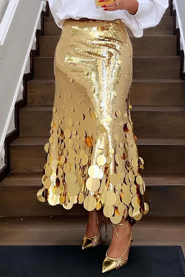 Plus Size Formal Skirts Elegant Gold Long Sequin Skirts 