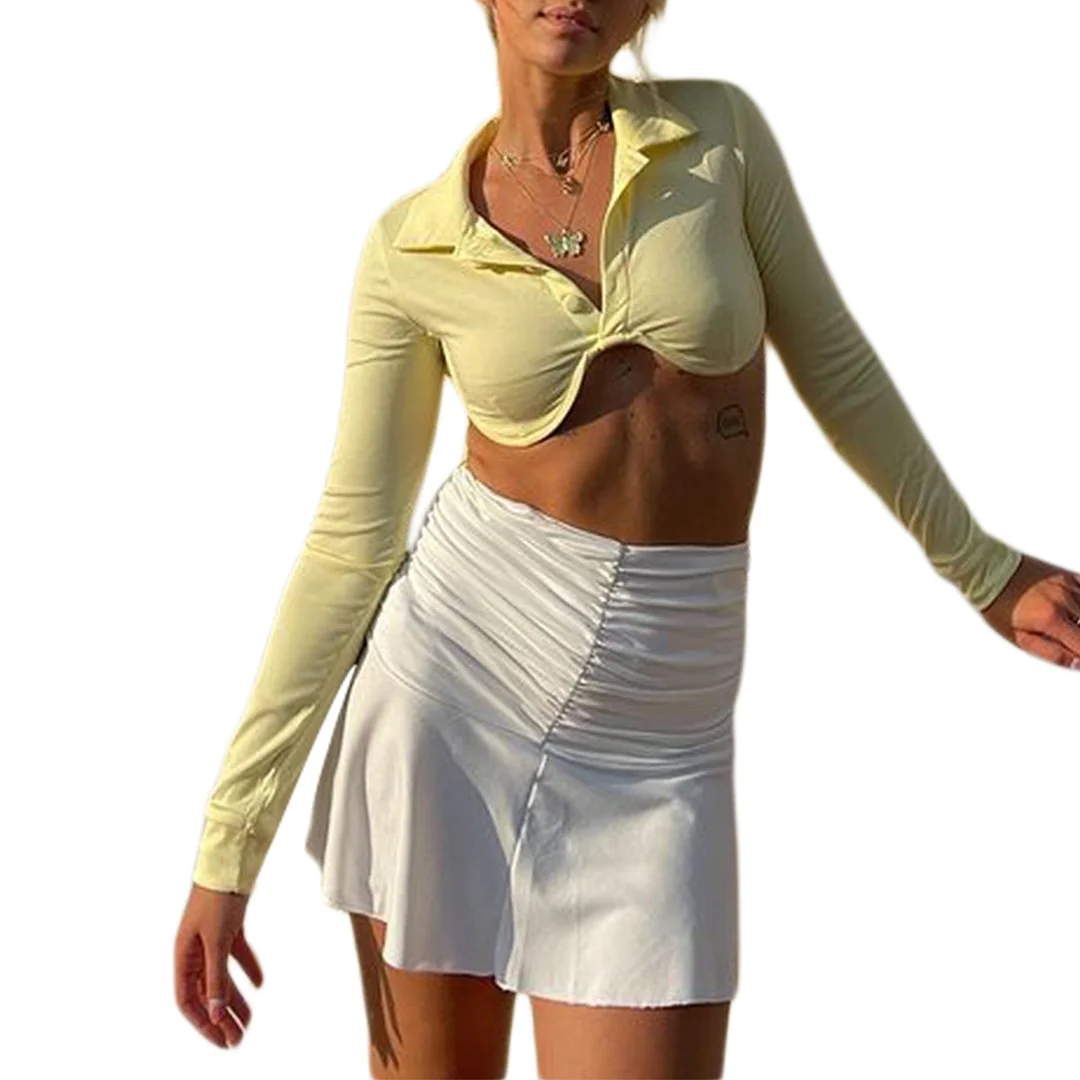 wsevypo Chic Solid Color Lapel Button down Wrap Tube Tops Autumn Streetwear Women's Long Sleeve Slim Fit T-Shirt Crop Tops