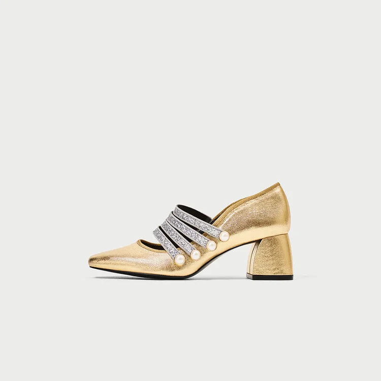 Gold Block Heel Silver Glitter Straps Mary Jane Shoes |FSJ Shoes