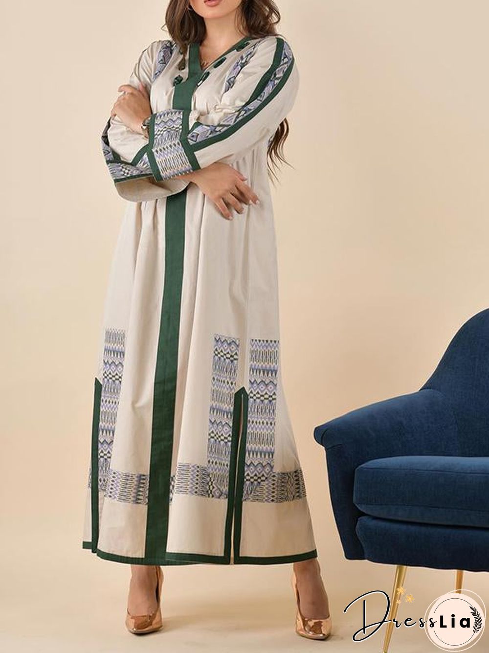 V Neck Green Printed Slit Maxi Dress