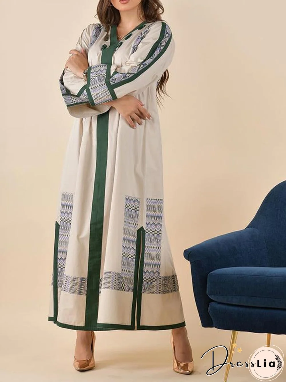 V Neck Green Printed Slit Maxi Dress