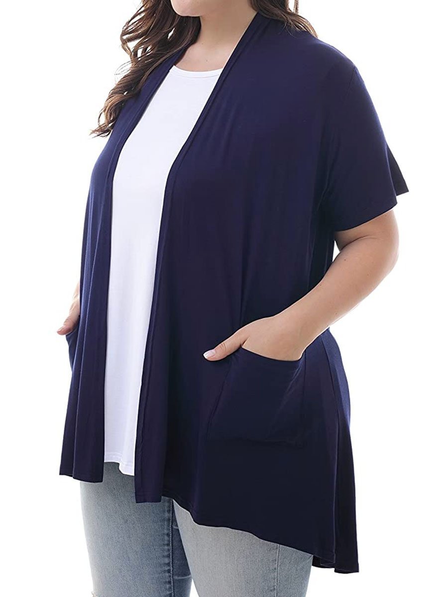 ZERDOCEAN Womens Plus Size Short Sleeve Lightweight Soft Printed Drape Cardigan with Pockets