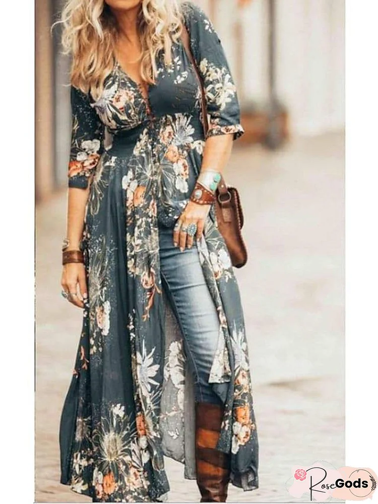 Women's Swing Dress Maxi Long Dress Blue Green Half Sleeve Floral Ruffle Print Summer V Neck Hot Casual Boho