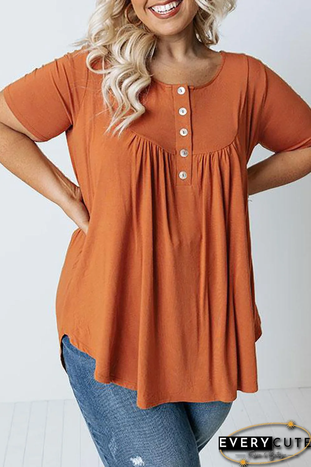Orange Buttons Ruched O Neck Short Sleeve Plus Size Top
