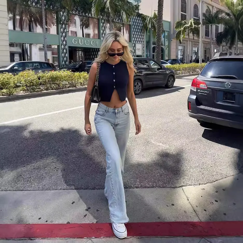 Nigikala Nigikala Women's New Fashion Pure Color Round Neck Loose Casual Flat Needle Sleeveless Short Top