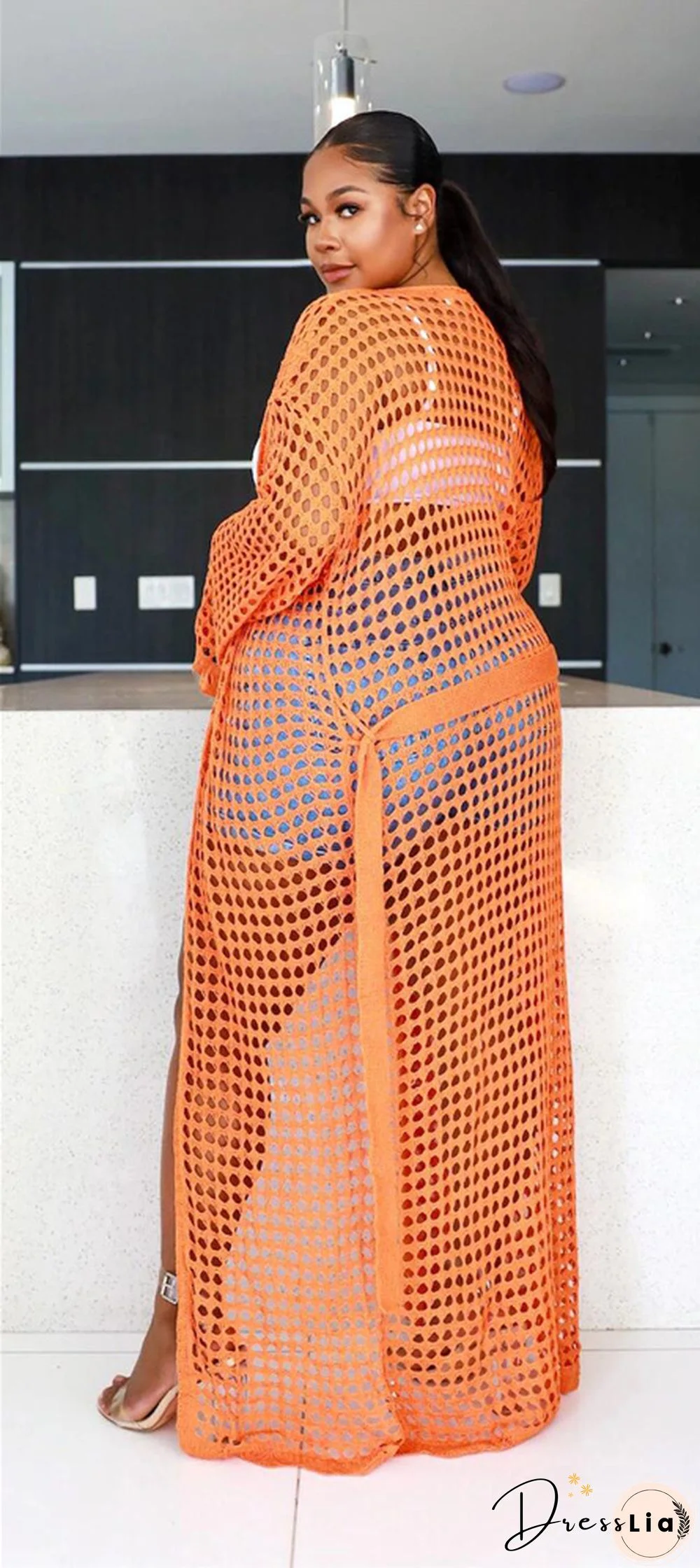 Beachwear Long Sleeve Mesh Grid Cardigan Cover-ups