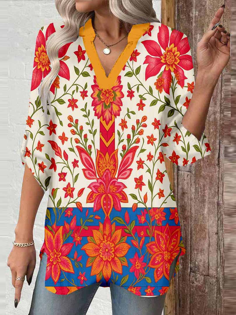 Women Tropical, Red, Blue DZGA0094 3/4 Sleeve V-neck Printed Graphic Button Tops