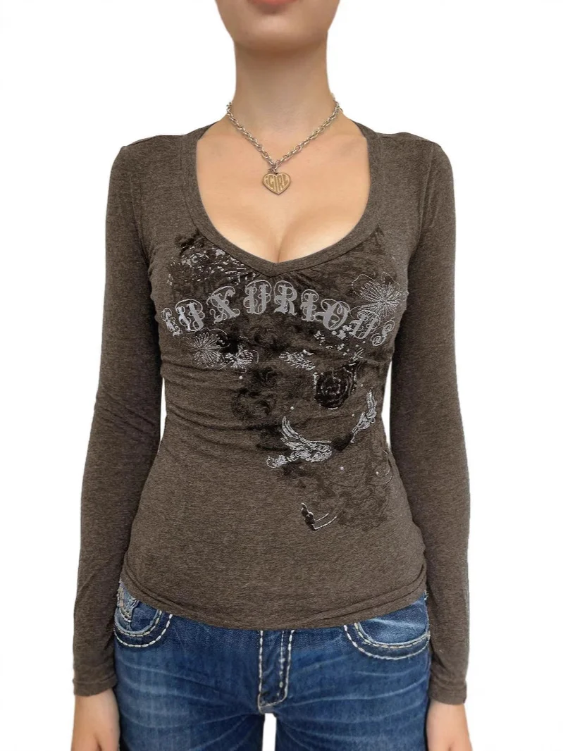 Athvotar Athvotar Old Letter Print Knitting V-Neck T-Shirt For Women's New Knitted Long-Sleeved Top