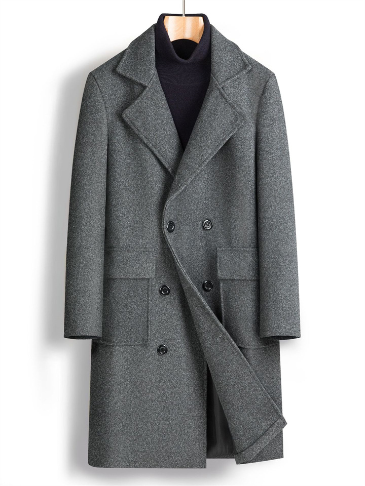 Men's Double-breasted Large Lapel Pockets Youth Solid Color Casual Medium-length Tweed Coat Man-JRSEE