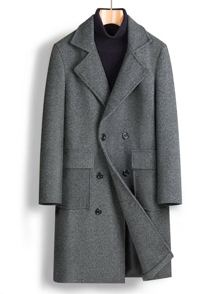 Men's Double-breasted Large Lapel Pockets Youth Solid Color Casual Medium-length Tweed Coat Man-JRSEE