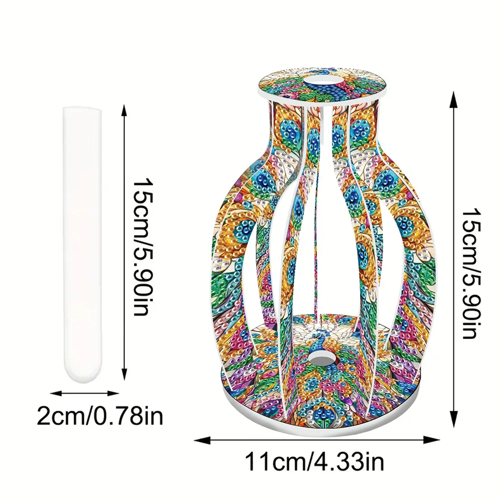 Acrylic Wood Peacock 5D DIY Diamond Painting Flower Vase for Home Office Decor