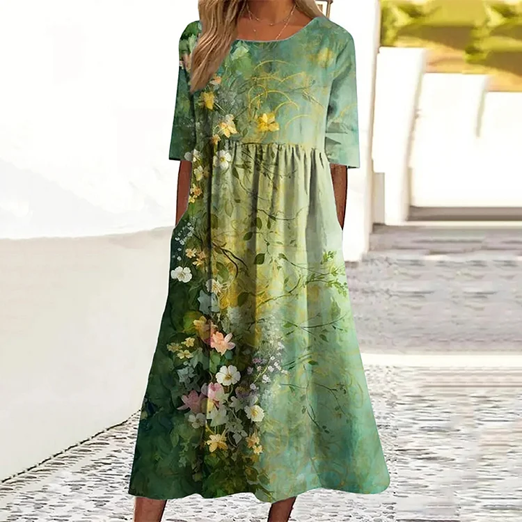 Simpfit Lässiges Midikleid mit Blumendruck, Rundhalsausschnitt und kurzen Ärmeln