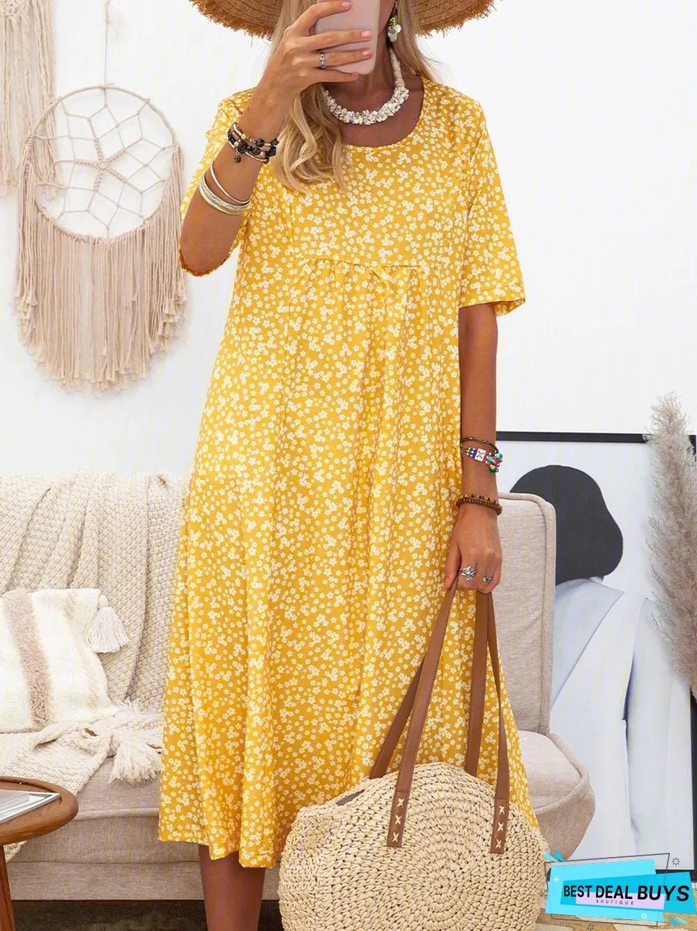 Women Short Sleeve Round Neck Floral-Print Causal Midi Dress