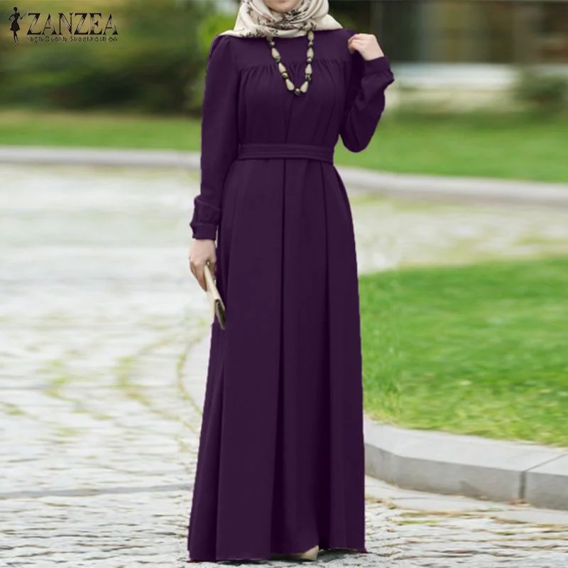 ZANZEA Women Autumn Dress Casual Long Sleeve Solid Maxi Long Vestido Loose Sundress Muslim Dress Kaftan Abaya Dubai Hijab