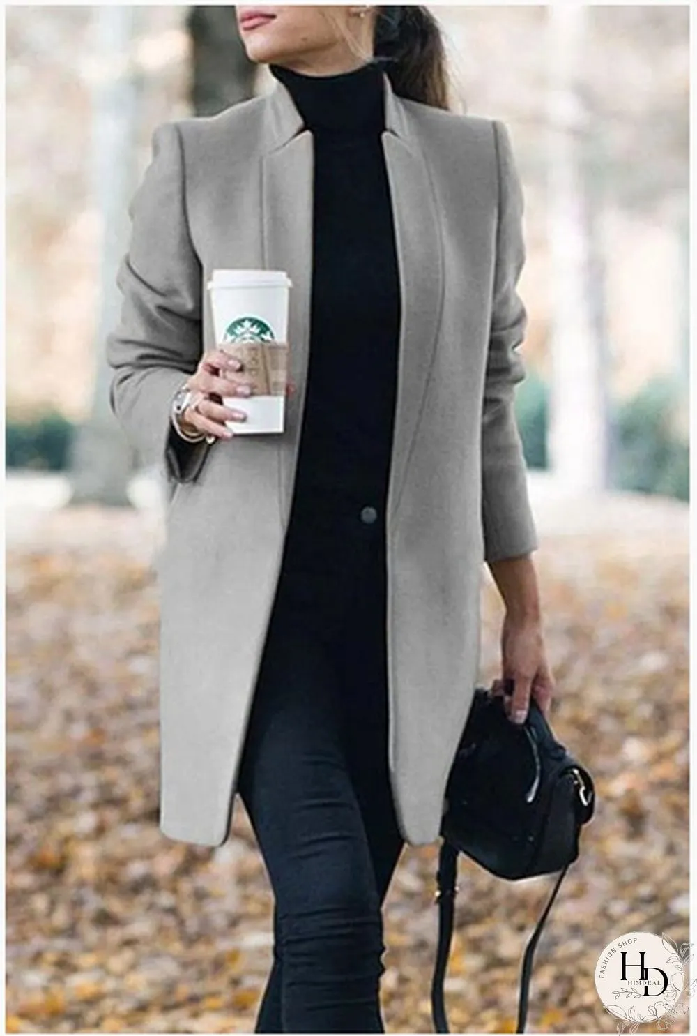 New Autumn and Winter Fashion Womens Solid Color Stand-Up Collar Woolen Coat Lapel Wool