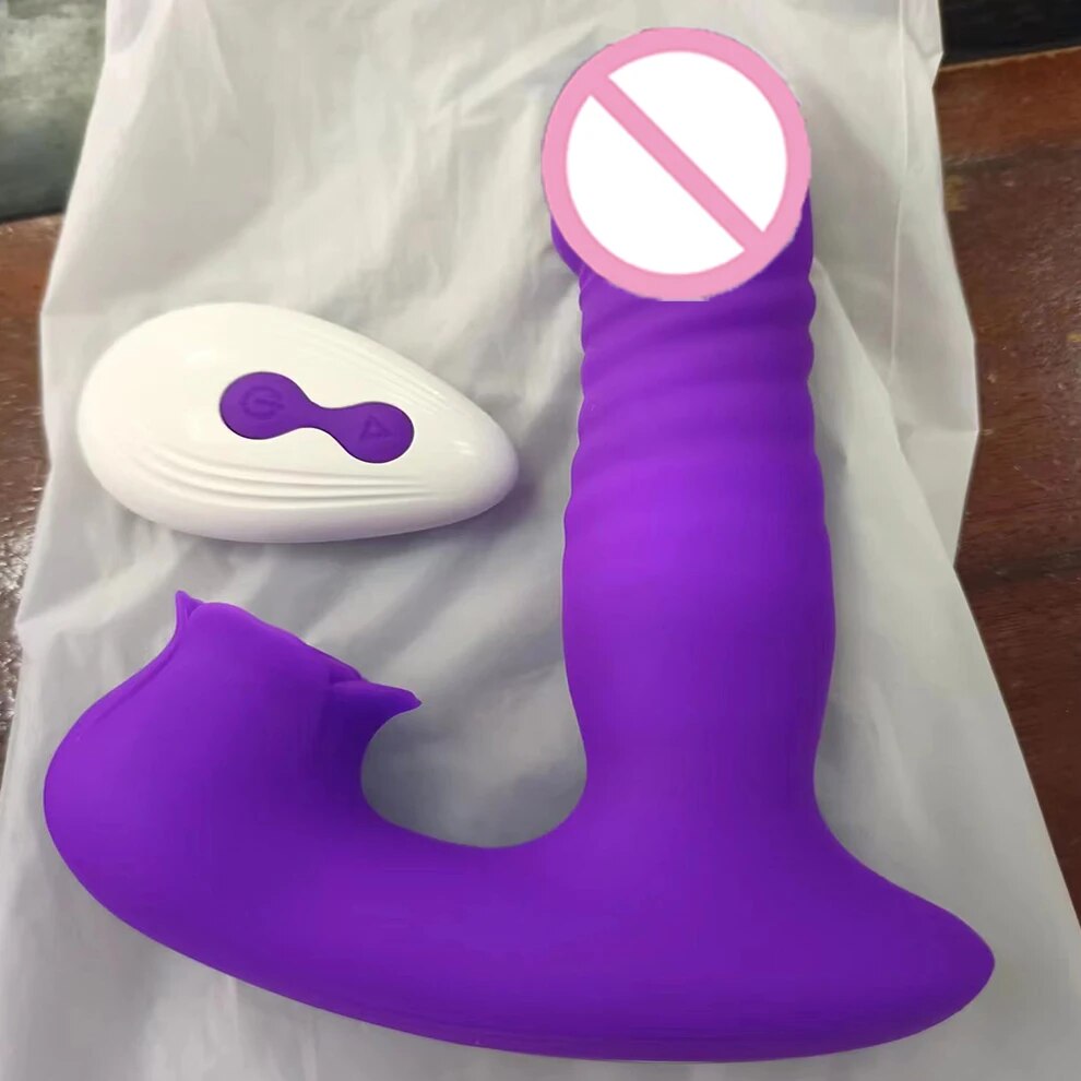 Fjernkontroll thrusting teleskopisk vibrator med klitoris sugestimulator