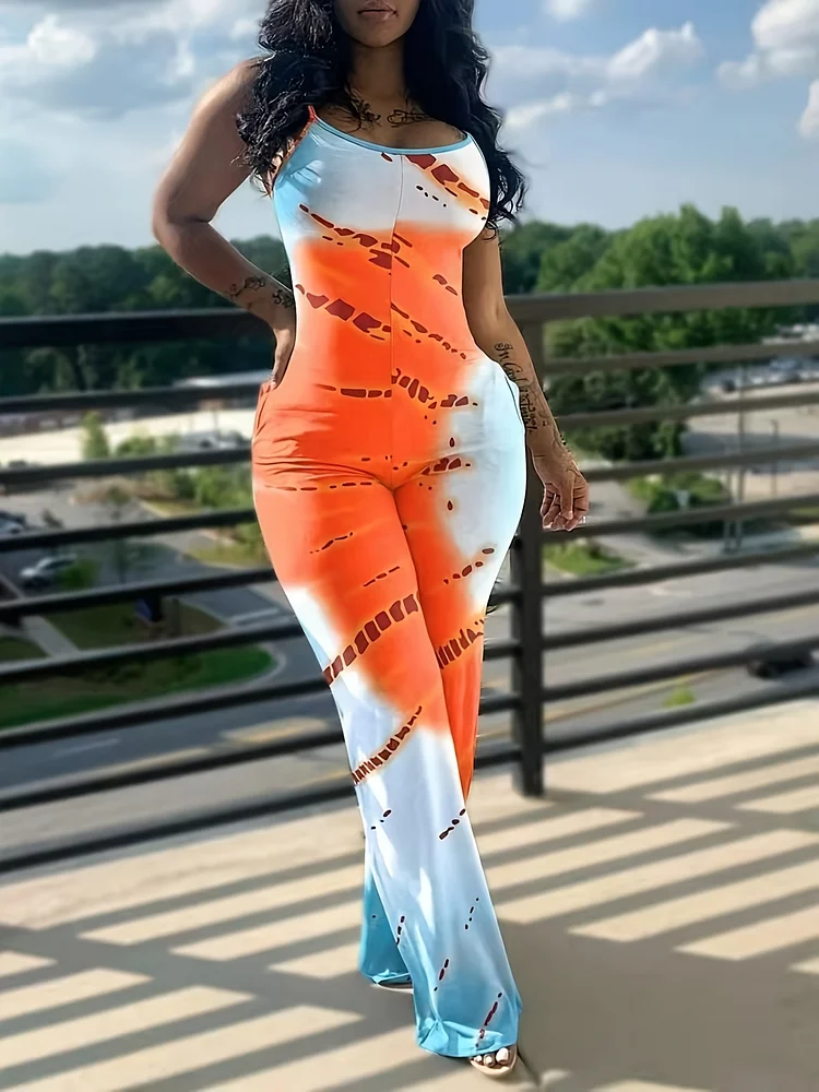 Women's Plus Size Casual Printed Sleeveless Jumpsuit - Stretchy Wide-Leg Design With Pockets, Off-Shoulder Style, Machine Washable, Summer Fashion In Blue, White & Red Stripe