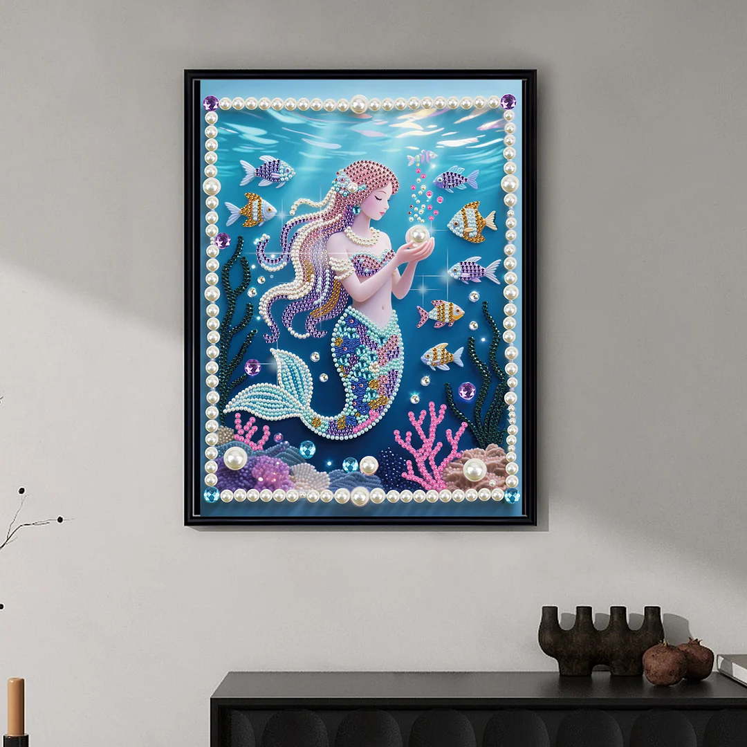 Pink Mermaid DIY Partial Diamond Pearl Painting Art Kits 30x40cm Special Shape Pearl Gem Paintings Picture Arts Craft for Adults Beginners Home Wall Decor