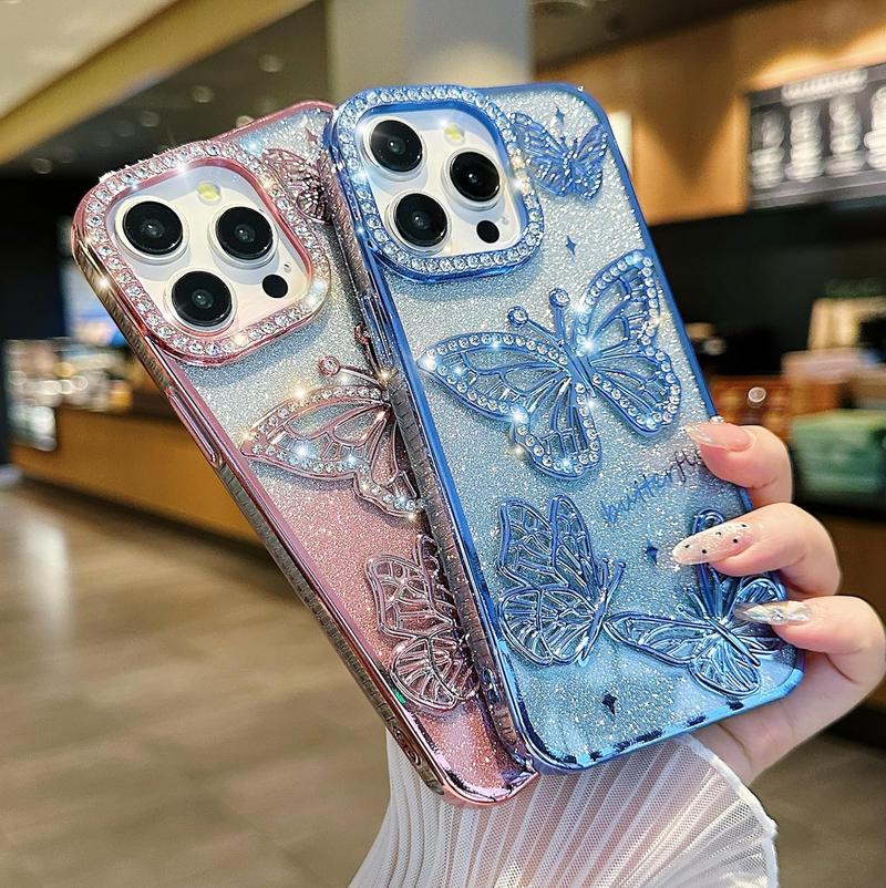 Product Introduction of Sparkling Butterfly Diamond Phone case, TPU Soft Shockprooft Case Cover for iPhone 16,15,14,13,12,11 Plus Pro Max 7
