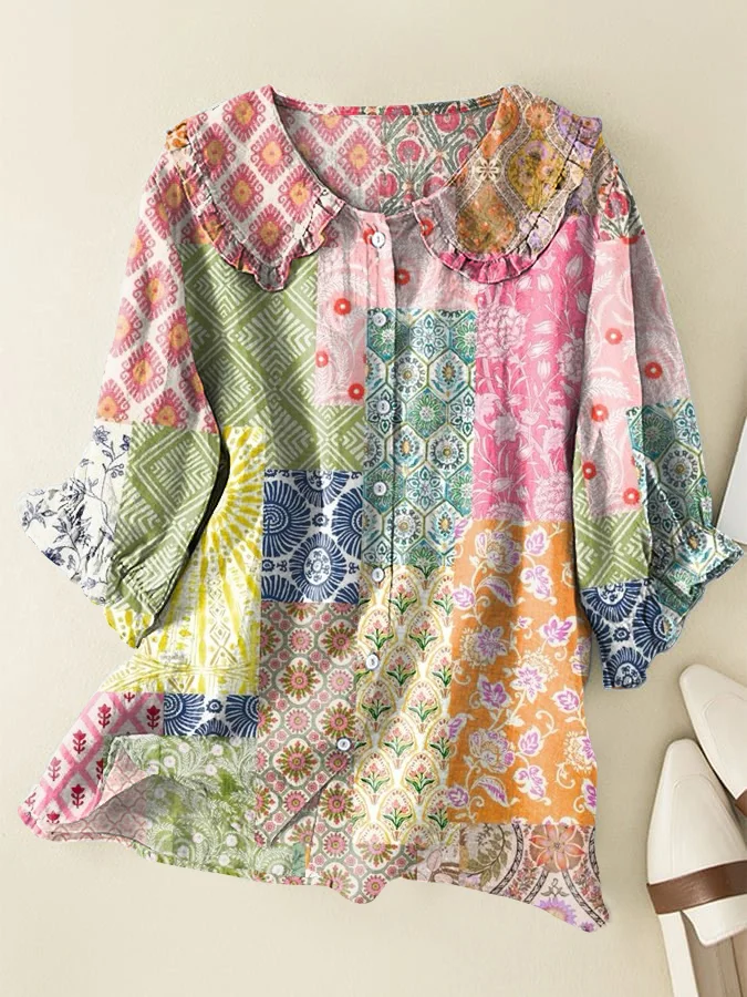 Vintage Bohemian Floral Cotton and Linen Peter Pan Ruffle Collar Shirt