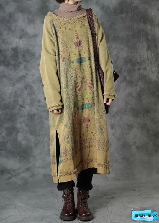 Unique Yellow O-Neck Side Open Cotton Fall Dress Street Wear