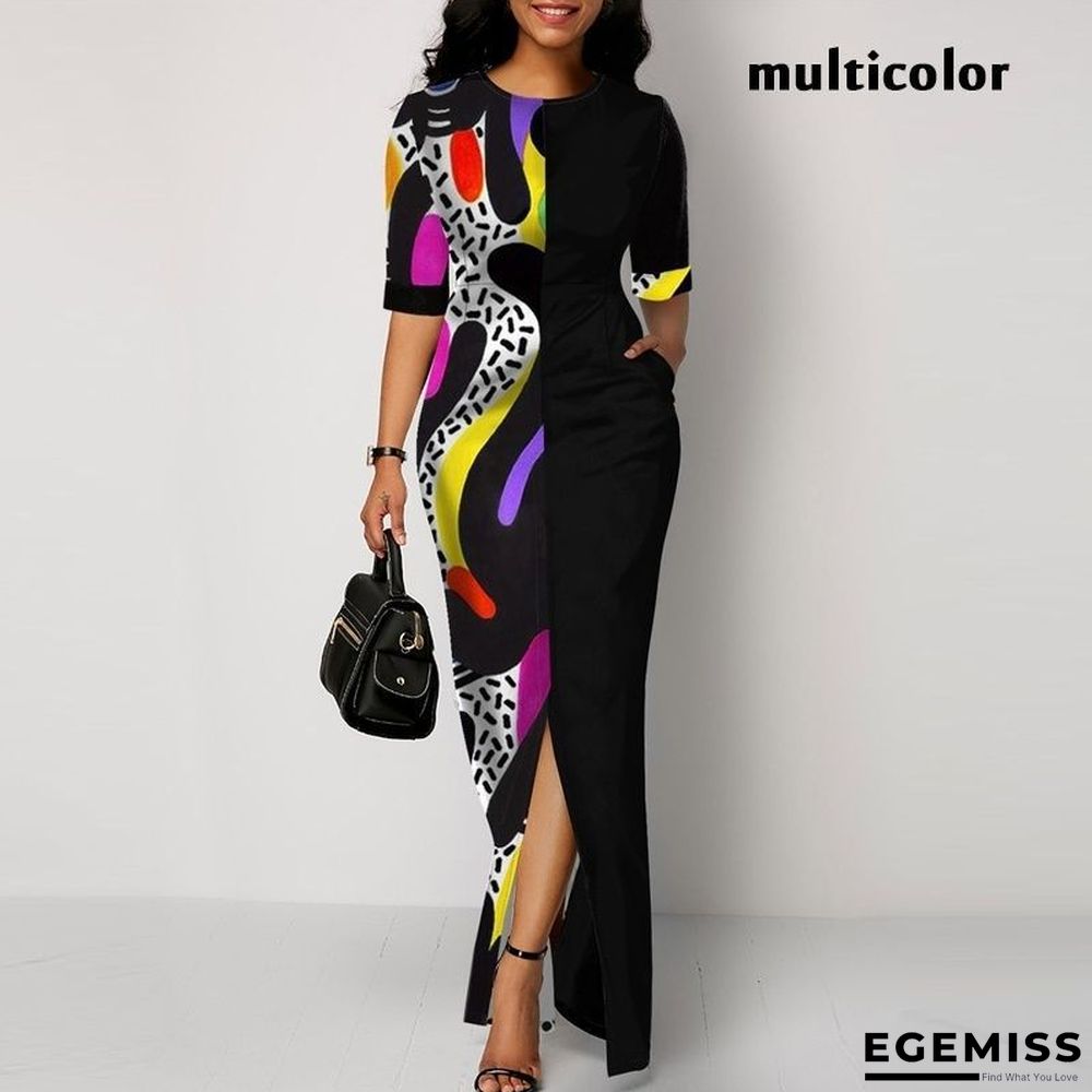 Fashion Print Contrast Women's Round Neck Long Skirt Dress With Middle Sleeves And High Waist | EGEMISS