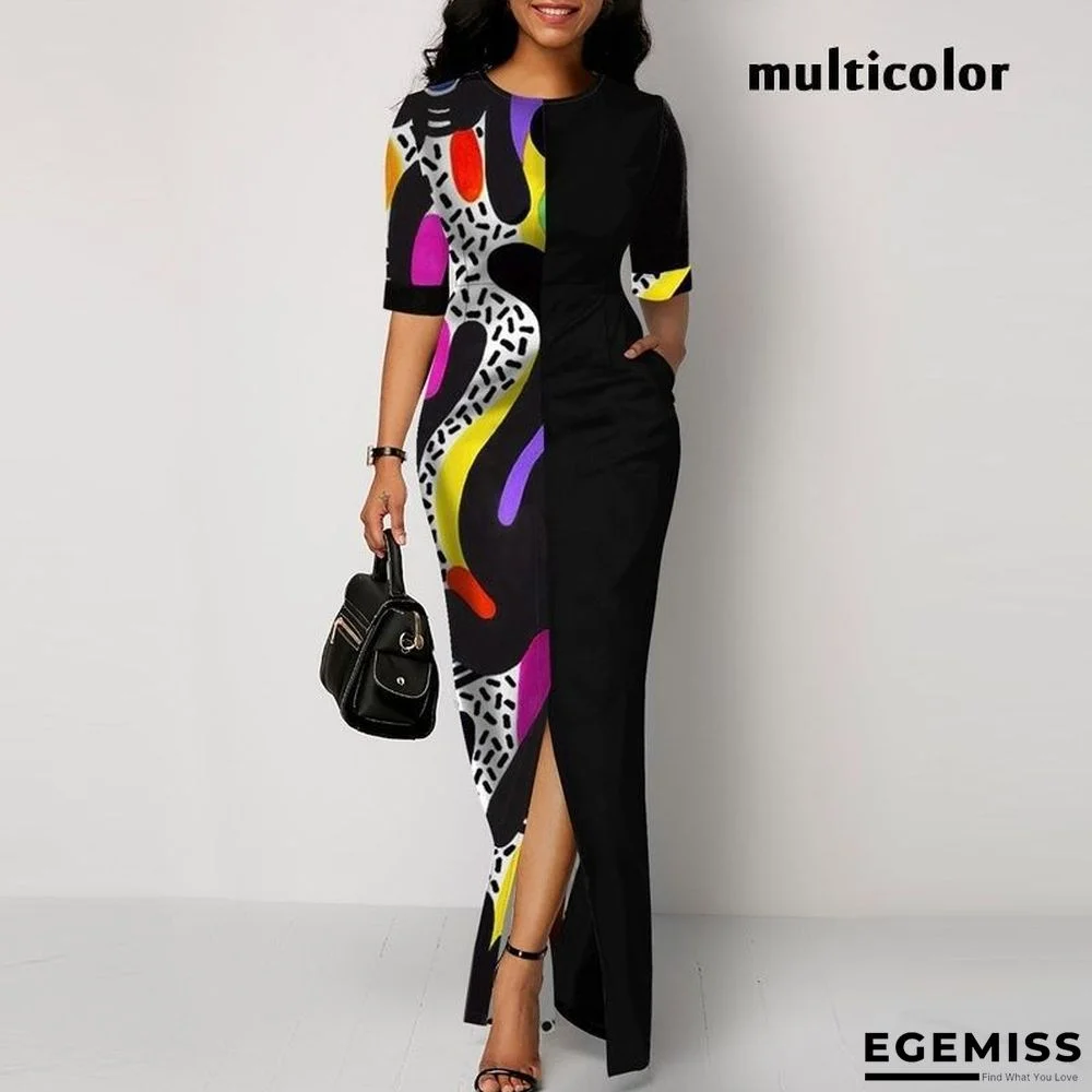 Fashion Print Contrast Women's Round Neck Long Skirt Dress With Middle Sleeves And High Waist | EGEMISS