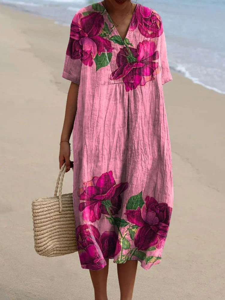 Large Rose Floral Art Printed Women's Flowy Dress
