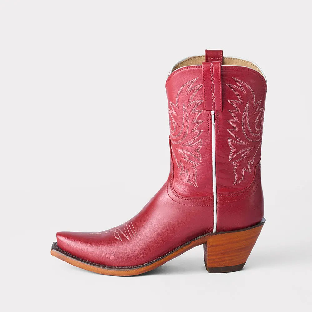 Red Embroidered Stacked Heel Snip Toe Mid-Calf Cowgirl Boots for Women