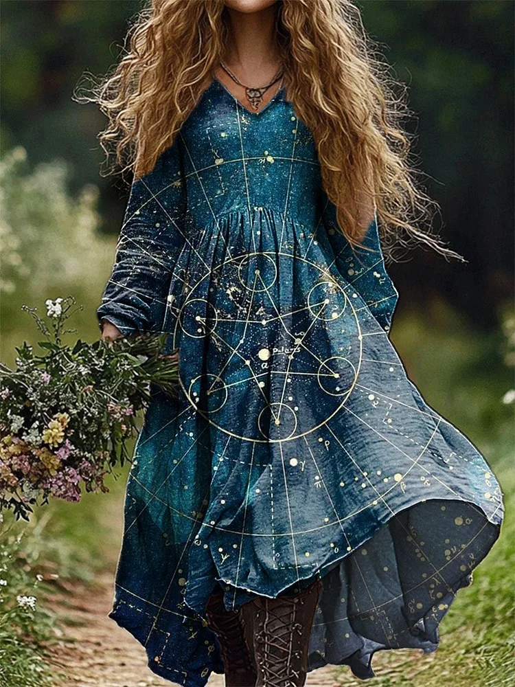Women's Universe & Astrolabe Print Pocket Cotton Dress