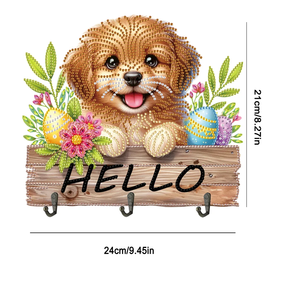 5D DIY Hello Dog 3 Hooks Special Shape Diamond Painting Wooden Hook Rail for Wall