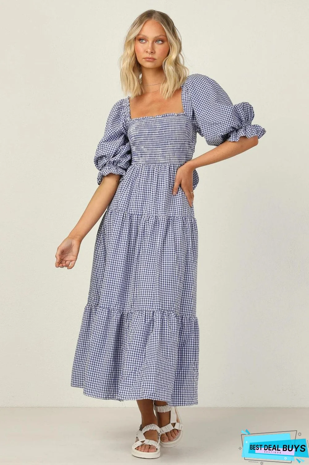 Elastic Square Collar Check Bubble Sleeve Dress