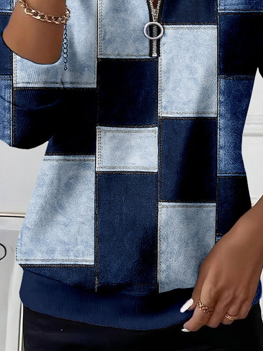 Women Long Sleeve Scoop Neck Plaid Colorblock Printed Graphic Zipper Tops