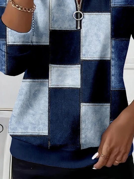 Women Long Sleeve Scoop Neck Plaid Colorblock Printed Graphic Zipper Tops