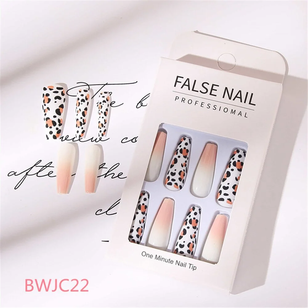 24 Pcs Long Design Ballet Coffin Fake Nails Sequins False Nail Artificial Plastic Press On False Nail Tips Manicure Nail Art