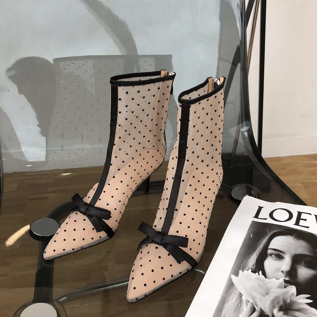 2020 Korean-Style Sexy Pointed Mesh Polka Dot Breathable Hollow Bow Stiletto Ankle Boots for Women