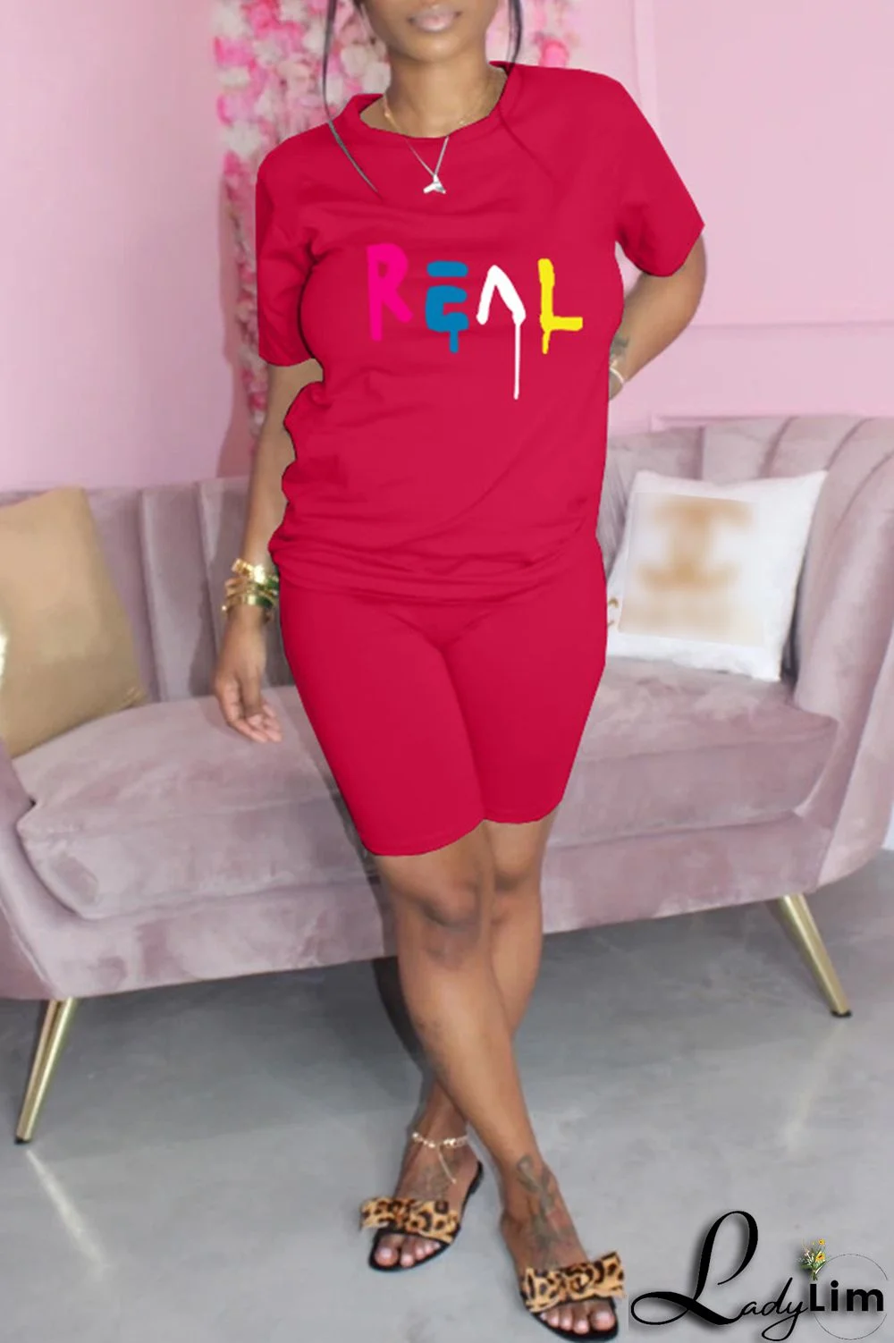 Yellow Fashion Casual Print Basic O Neck Short Sleeve Two Pieces