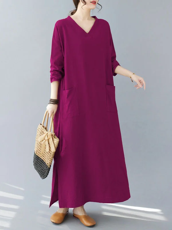 Split-Side Solid Color Pockets Loose Long Sleeves V-Neck Maxi Dresses