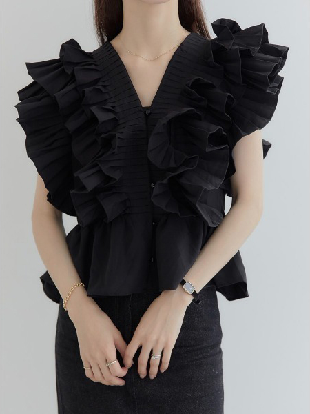 Ruffled Sleeve V Neck Solid Color Blouses