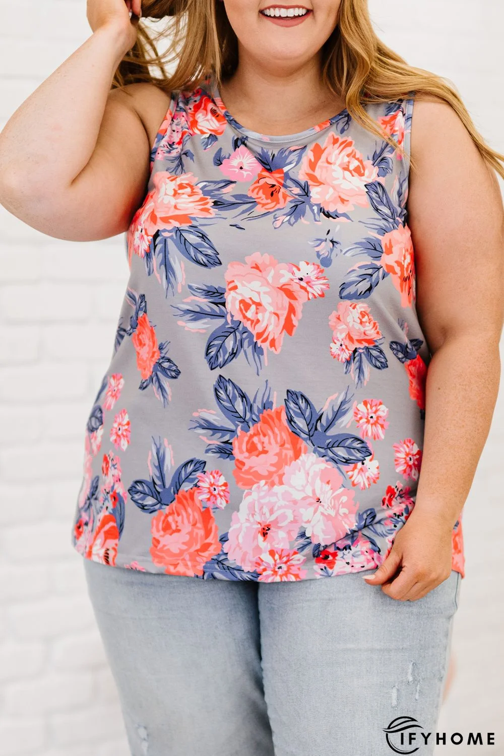 Gray Gray Grey Plus Size Floral Racerback Tank Top | IFYHOME