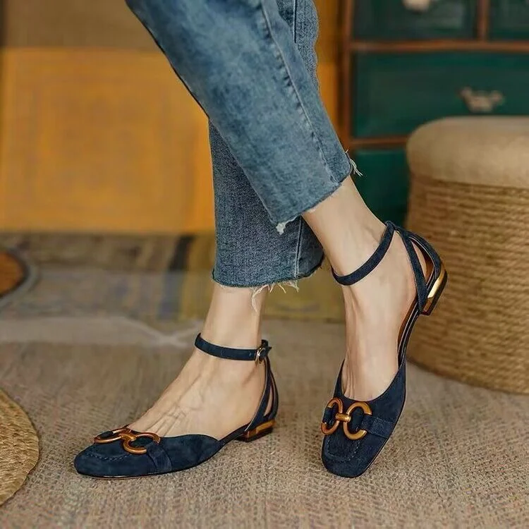 Vstacam  2023 New Summer Sandals For Women Retro Closed Square Toe Sandals Woman Slip On Mules Shoes Buckle Strap Lady Casual Flat Shoes