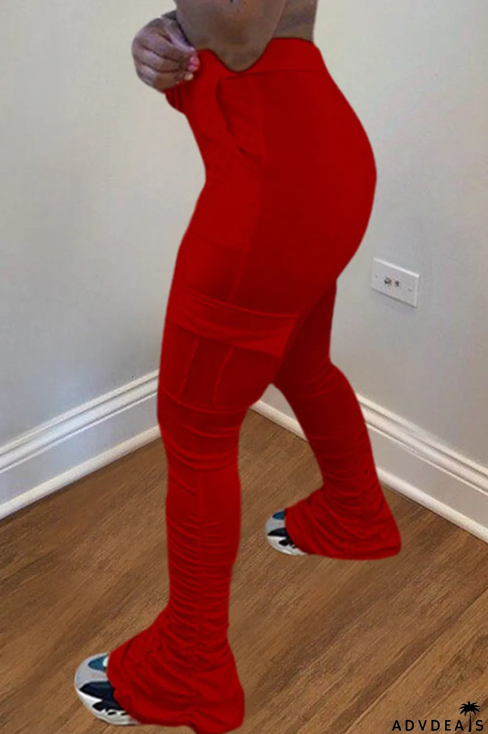 Orange Drawstring High Solid Pocket Draped Boot Cut Pants Bottoms