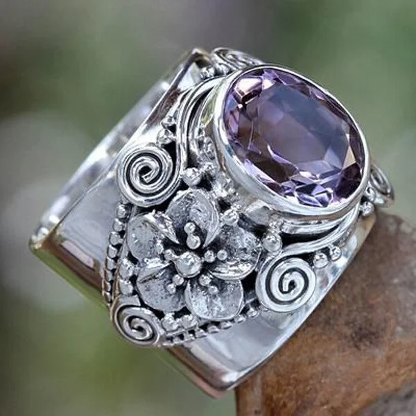 Sterling Silver Floral Faceted Amethyst Ring