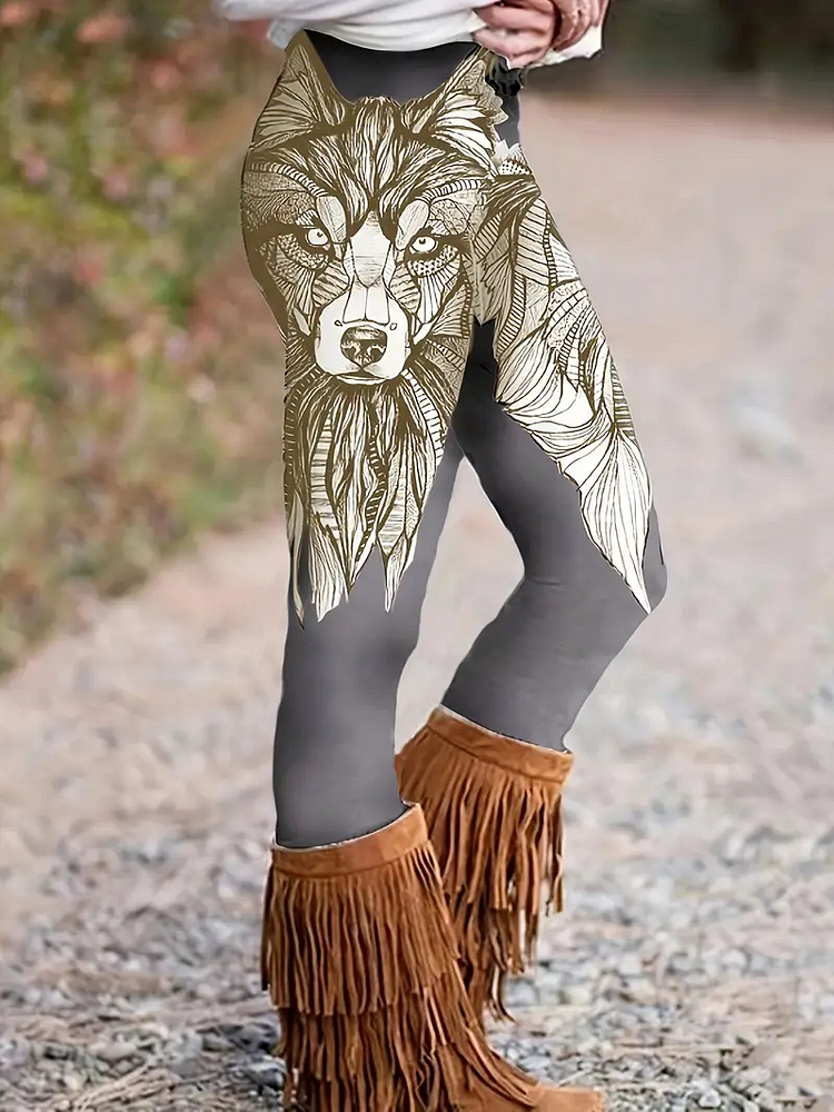  Women's Plus Wolf Print Elastic Medium Stretch Western Style Leggings