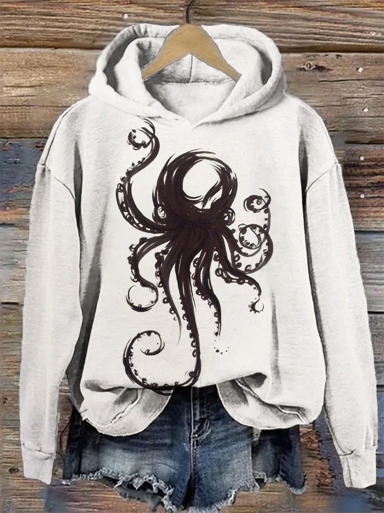 Japanese Art Octopus Print Casual Hooded Sweatshirt