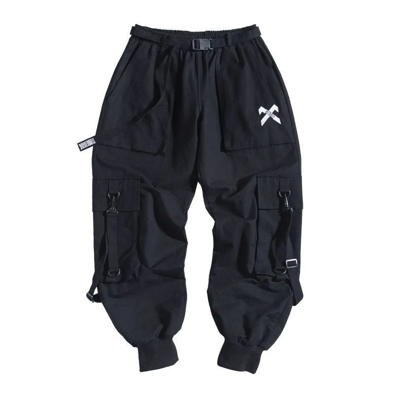 Techwear Ribbons Hip Hop Tactical Cargo Pants Men's Casual Letter Embroidery Streetwear Dance Sport Pencil Pants Male Trousers