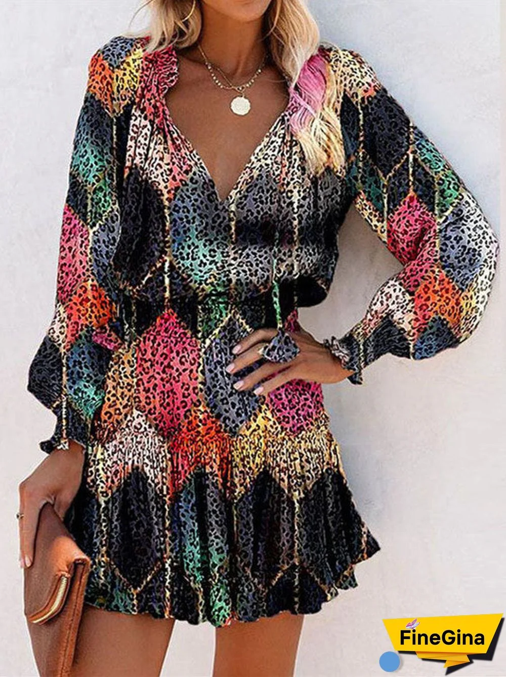 Women's Long Sleeve V-neck Printed Casual Dress